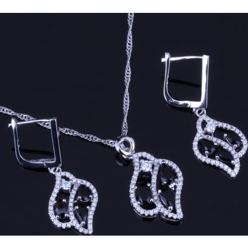 Lovely Leaf Black Cubic Zirconia White CZ Silver Plated Jewelry Sets Earrings Pendant Chain V0025