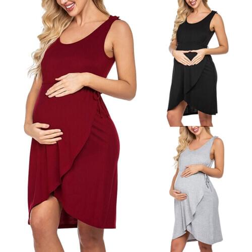 TELOTUNY 2020 Women Pregnant Maternity clothes dress Solid color Double layer Tunic Breastfeeding Summer Maternity Dress