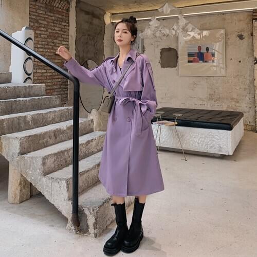 Mid-Length Purple Trench Coat Female Clothing 2021New Spring Autumn Fashion Loose Retro All-Match Elegant Woman Windbreaker Coat