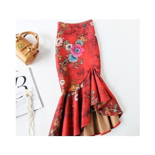 Plus size 4XL!Irregular fishtail skirt high waist women autumn winter package hip red Deer velvet flower print skirt TB3757