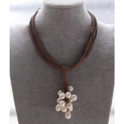 Natural Hot sale wholesale >>12mm Real White Black Gray Freshwater Pearl Necklace Leather Cord Magnet Clasp