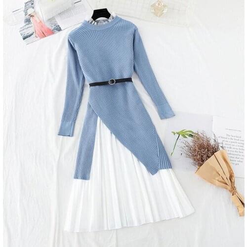 2021 Autumn Winter Fashion Suit Women Dress Elegant Lotus leaf collar Solid Color Vintage Sweater Knitted Dress Two Piece Suit