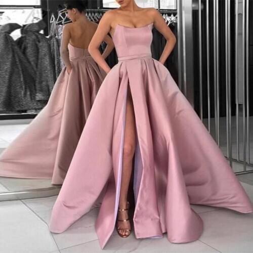 A Line Prom Dresses Long Navy Blue Evening Gown with Pockets Formal Dress Women Elegant Strapless High Slit Satin Burgundy