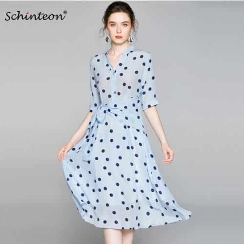Schinteon 100% Real Silk Polka Dot Dress V-Neck Collar Half Sleeved Elegant Loose Long Print Dresses for Women 2020 Summer