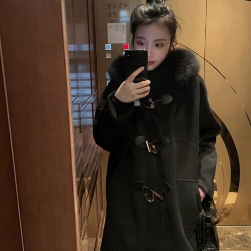 Horn Buckle Cashmere Woolen Coat Women 2021 Autumn And Winter New Large Fur Collar Thick Mid-Length Hooded Jacket Abrigos M670