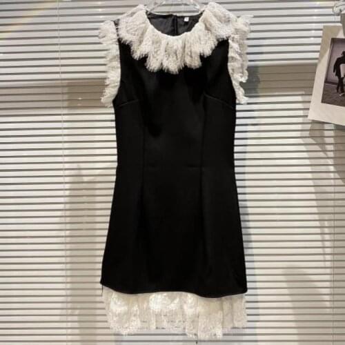 French style summer elegant lace stitching black vest dress women o-neck sleeveless party dress