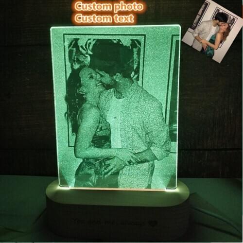2020 Dropship Customized Photo/Text 3D Night Light Wooden Base Desk Lamp Christmas Valentines Day Gift USB Power