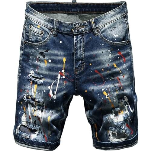 Mens Summer Painted Ripped Denim Shorts Streetwear Slim Holes Stretch Jeans Breeches