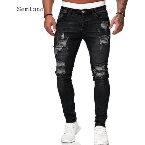 Samlona Jeans Mens Fashion Skinny Denim Pant Male 2020 Hole Ripped Pants Streetwear Male Denim Jeans Blue Grey Pencil Trousers