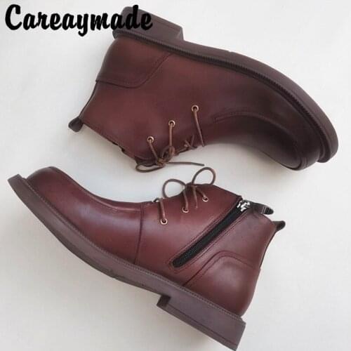 Careaymade-Genuine leather wool mens boots Winter large head fur integrated thermal high top cotton shoes short women boots