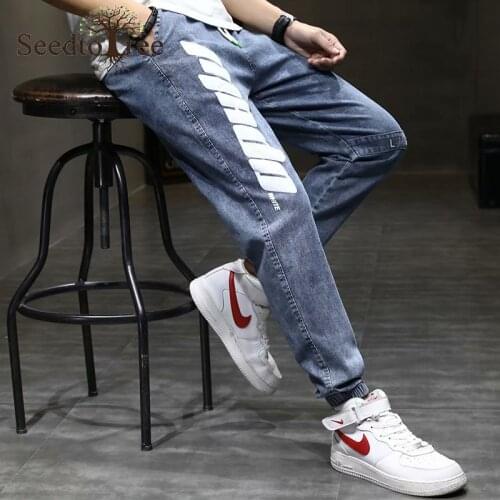 Mens Jeans Korean Version of Large Size Loose Casual Trousers Tie-foot Tooling Harlan Slim Denim Trousers