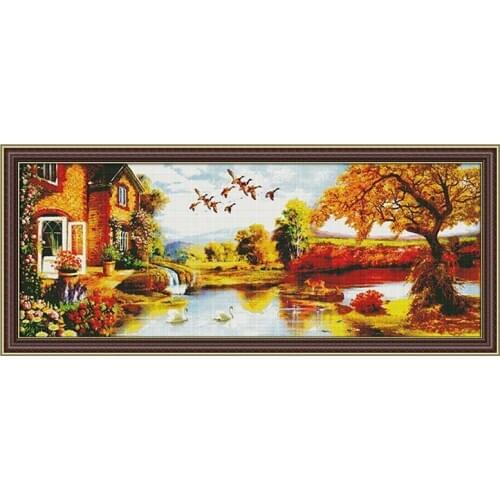 Autumn beauty cross stitch kit 14 ct printed cloth cottage scenery handmade DIY embroidery art DMC home decoration embroidery ki