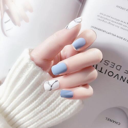 Girls DIY Fashion Matte Fake Nail 24PCS Size Full Cover Nail Art Tips with Glue Candy Color Marble Square Artificial Nails