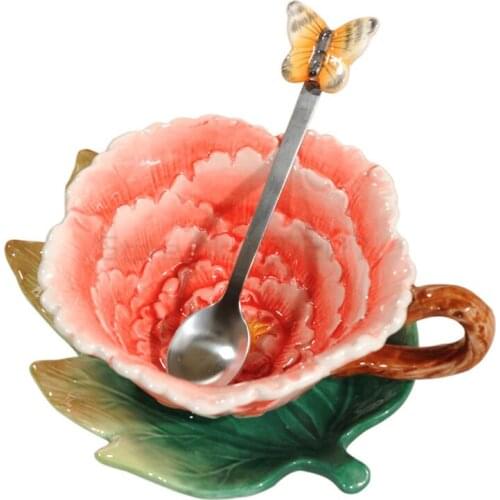 Newest 3D Bone China Rose Coffee Cup with Saucer Tea cup ceramic cup with Spoon Breakfast Milk cups Best Gift For Lovers