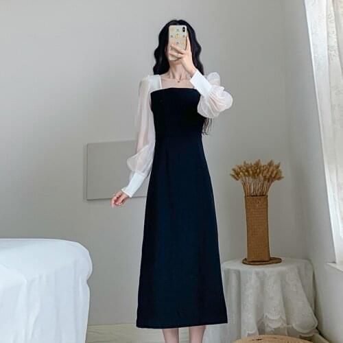 2021 Autumn New Sweet Lovely Gentle Elegant Slim Waist Temperament Square Neck French Retro Black Long Sleeved A-line skirt