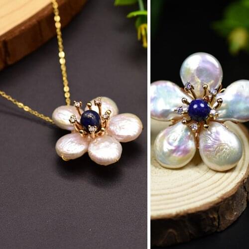Natural Fresh Water Baroque Pearl Blue Stone Lapis Lazuli Flower Stud Earring Necklace For Women Fine Jewellery Sets Accessories