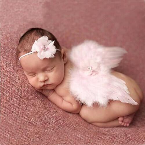 Fashion Newborn Baby Kids Feather Lace Headband & Angel Wings Flowers Photo Props Newborn Photography Props