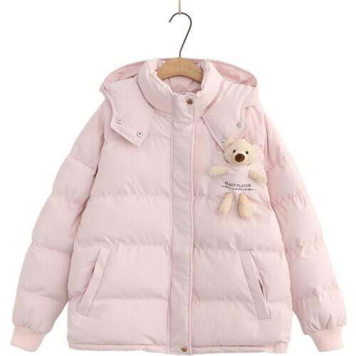 Pink Cartoon Bear Appliques Jacket Parka 2020 Women Winter Hooded Coat Warm Casual Parkas Long Sleeve Cotton Liner Thick Outwear