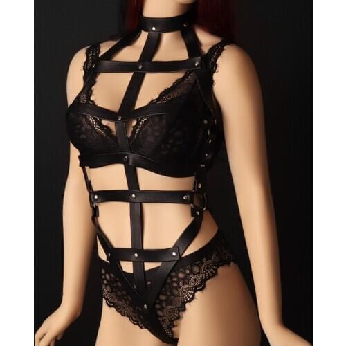 Sexy Womens Crop Harness Leather Strap Set Gothic Bandage Bra Nightclub Wear Erotic Clothing Garter Belt Hollow Out Lingerie