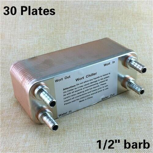 SUS304 heat exchanger 30 Plates wort chiller brazed plate Draft beer wort chiller for homebrew Food grade x 1/2" NPT Barb Hose