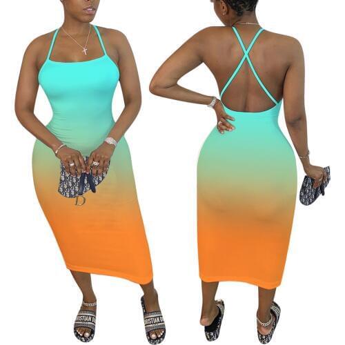Sling Backless Party Dress Women Gradient Color Spaghetti Strap Bodycon Midi Dress 2020 Women Summer Fashion Outfit Sundress
