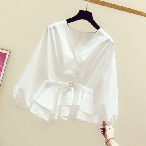White women blouse 2020 summer new lantern sleeved v-neck sashed ruffles office lady elegant pulls outwear tops