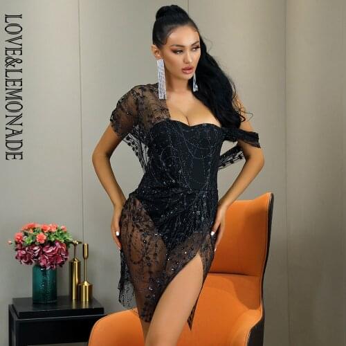 LOVE&LEMONADE Sexy Rose Black Straless Sling Cross Style Glitter Glued Material Party Dress LM80366-1