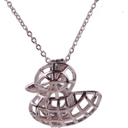 10pcs Copper big duck animals Beads Cage Essential Oil Diffuser Perfume Pearl Cage Locket necklace 45cm stainless steel chains