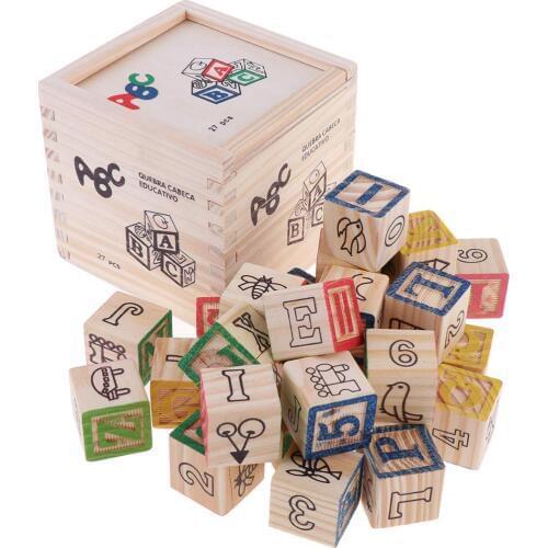 27pcs Wooden Building Blocks Cube Alphabet Number Early Learning Educational Toys Birthday Gift for Children Toddler Kids
