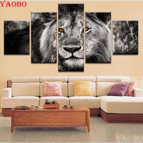 5D DIY Diamond Painting Cross Stitch Animal Lion Needlework full Square round Diamond Embroidery 5pcs Black and white wall art