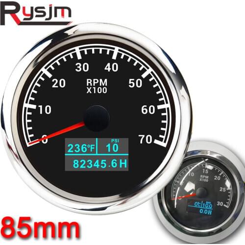 85mm 3 in 1 Tachometer Gauge + Water Temp + Oil Pressure + Total Engine Hours 3000/4000/6000/7000/8000 RPM Meter 12V 24V Tacho
