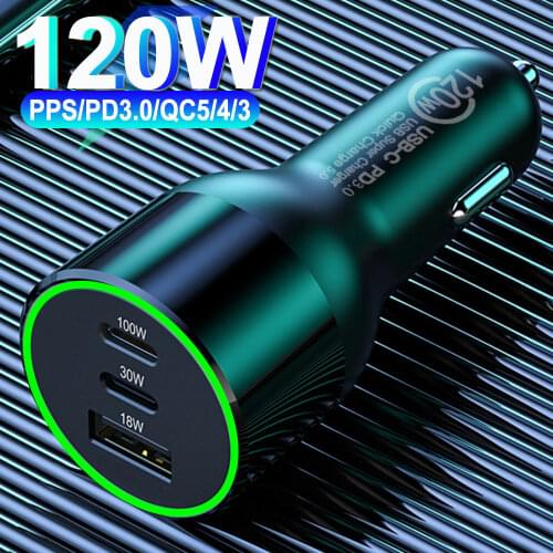 Car USB C Charger 120W 3 Port PD Fast Charging PPS 100/65/18W For Macbook IPhone 12 S20/Note 10/20 Huawei Xiaomi Mobile Phone