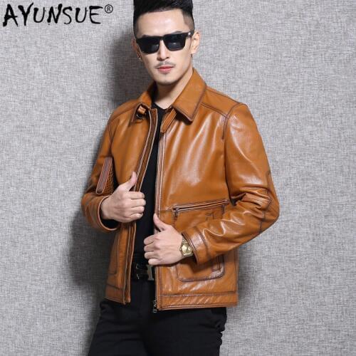 AYUSNUE Genuine Cow Leather Jacket Men Motorcycle Autumn Cowhide Coat Brown Slim High Quality Mens Jackets L16C3106 KJ2244