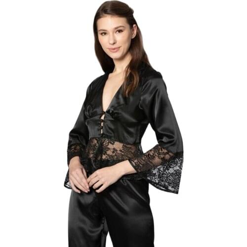 Black Sleepwear Female Satin 2 Piece Set Solid Women Pajamas Loose Pants Casual Home Suit Sets Nightwear пеньюары женские