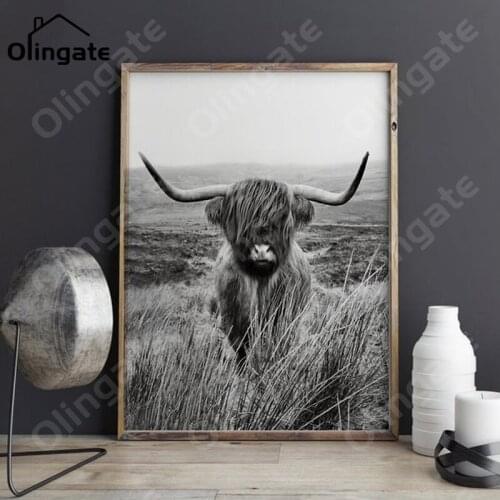 Black and White Highland Cow Wall Art Nordic Print Farmhouse Canvas Painting One Piece Canvas Poster Home Bedroom Decoration