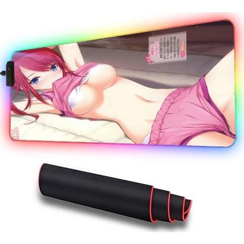 Big Breast Pink Anime Girl Gaming Mouse Pad RGB with USB Ports Oversized Glowing LED Illuminated Large Gamer Mousepads Desk Mat