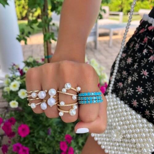 Gold color adjusted pearl ring for women girl fulll finger jewelry simple trendy open rings wholesale