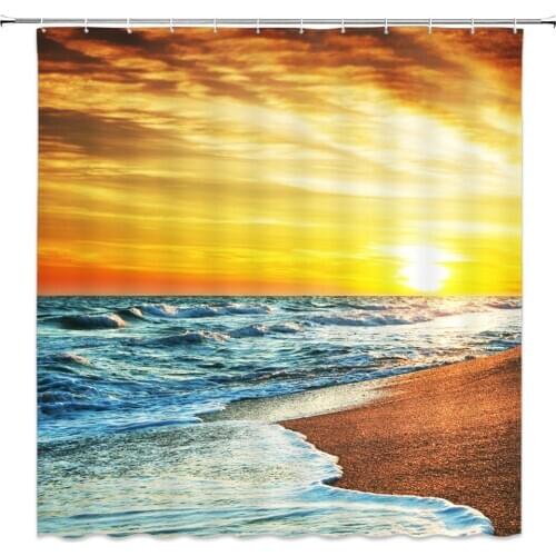 Summer Ocean Beach Shower Curtains Shell Sea Wave Sunset Landscape Bathroom Decor Waterproof Mildew Proof Cloth Curtain Set
