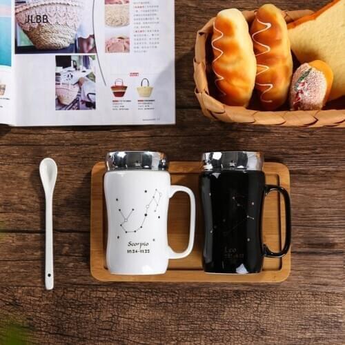 Creative Ceramic Twelve Constellation Mug Brief Coffee Drinkware Cup Office Coffee Tea Ceramic Bottle Mugs With Spoon Lid