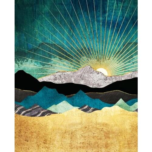 Metal Golden Sunset Mountain Abstract Canvas Peacock Painting Room Poster Wall Art Picture Bedroom Home Decor Exhibition Hall
