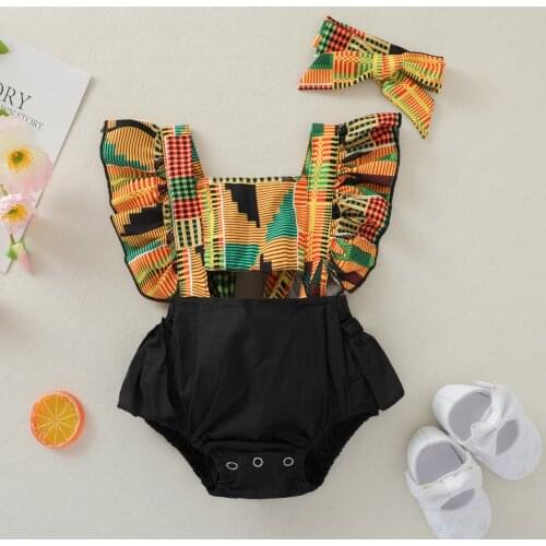 Newest Arrival Baby Girls Summer Outfits Infant Baby Ruffle Sleeve Color Block Backless Bodysuits with Headband Set for 0-24M