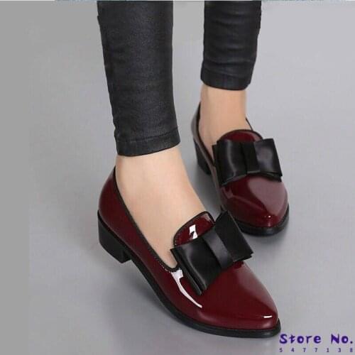 New Women Pumps Fashion Bowknot Shiny Patent Leather Block Chunky Low Heels Single Shoes Woman Pointed Toe Pumps Zapato Mujer