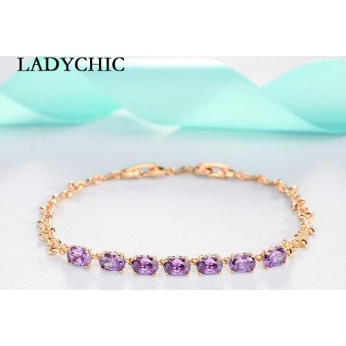 LADYCHIC Luxury 7 pcs Oval Cubic Zirconia Gold Bracelets High Quality Black Purple Crystal Women Bridal Wedding Jewelry LB1024