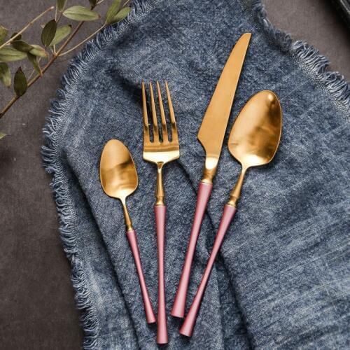 Luxury Dinnerware Set Stainless Steel Pink Gold Knife Fork Tableware Cutlery White European Western Food Set 4pcs