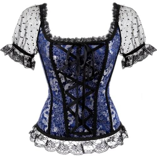 S-6XL Straps Short Sleeve Corsets Tops Ladies Erotic Floral Lace Up Shape Body Corset Bustier Overbust Corselet Burlesque Sexy