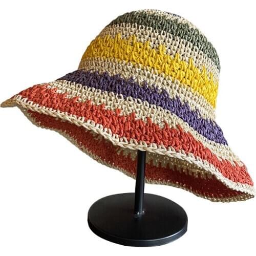 Straw hat female summer knitted fisherman cap rainbow beach hat sunshade sun cap seaside sunscreen hat big brim cap