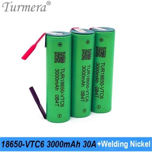 Turmera 2021 18650 VTC6 3000mAh Battery 30A Soldering Nickels for 12V 14.4V 18V 21V 25V Electric Drill Screwdriver Batteries Use