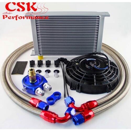 Universal 25 Row 248mm AN10 British Oil Cooler+Filter Adapter+7" Electric Fan Kit Black/Blue