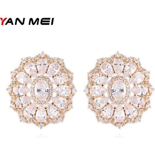 YANMEI Crystal luxury Circle Stud Earrings For Women Full Rhinestone Flower Shape Wedding Gifts Fashion Jewelry YME8016