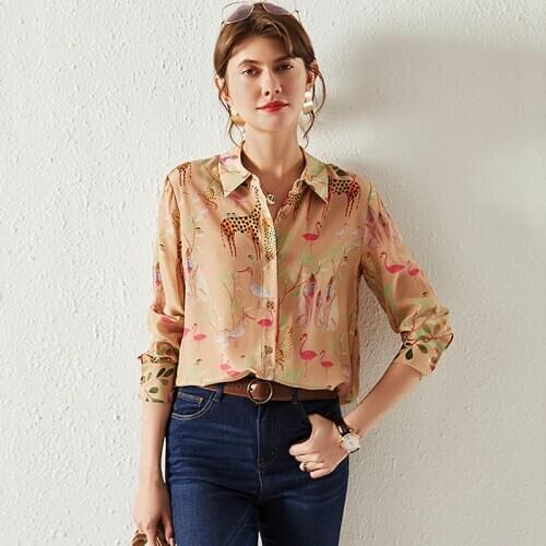 100% Silk Blouse Women Shirt Casual Style Printed Elegant Design Long Sleeve Top Simple Style New Fashion